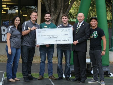 Associated Students of Sacramento State and President Robert Nelsen present a check for the Student Emergancy Grant Fund at the second annual Sacramento State Dance Marathon on Friday Oct. 23rd, 2015 at the Residence Hall Quad. (Photo by Francisco Medina)