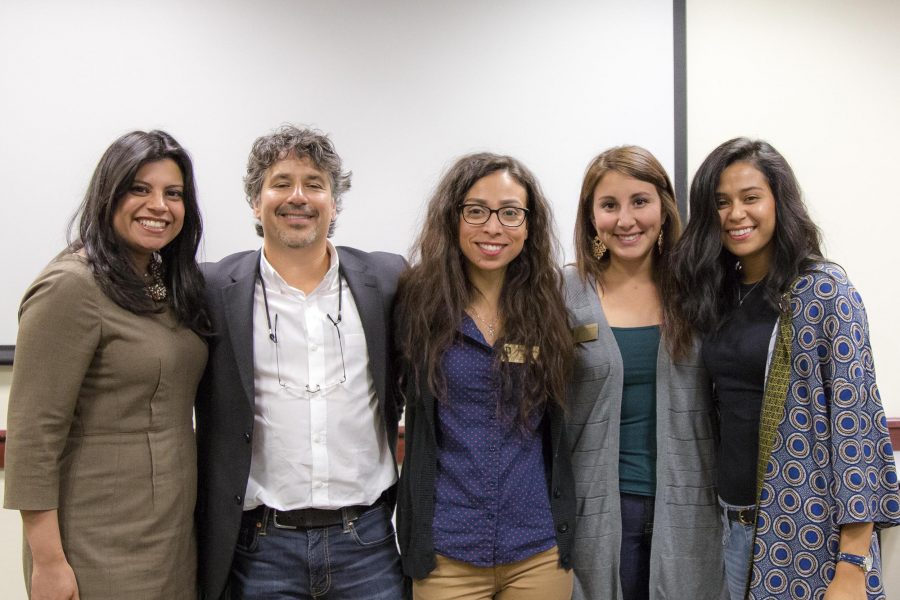 Viridiana Diaz,
filmmaker John Valadez
Norma Mendoza, 
Denise Barajas and
Erica Perez pose for a photo after the panel discussion at the Forest Suite of the University Union on Sept. 23.
(Courtesy of Serna Plaza)
