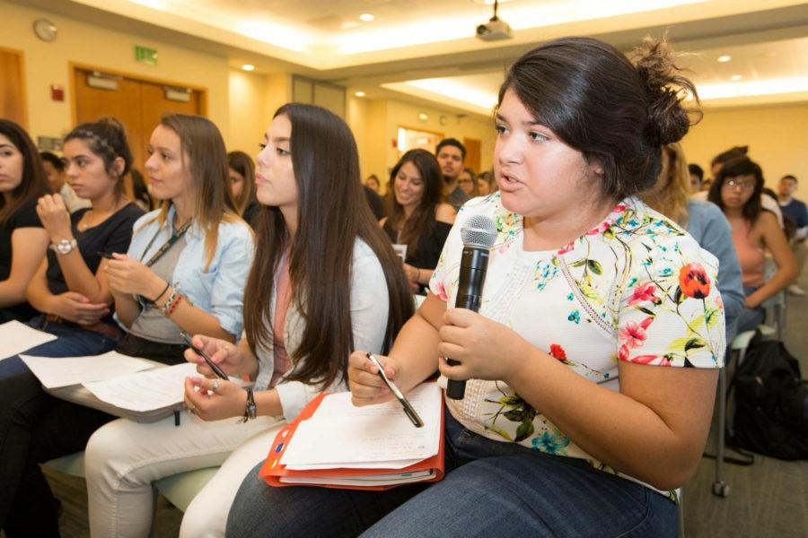 A student speaks at the Serna Center Panel: Inspirational Models of Latino Success Friday, Sept. 9 at The WELL.
(Photo courtesy of Serna Center)