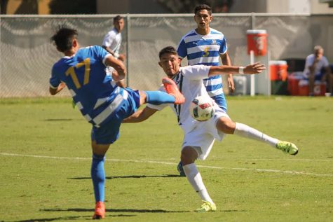 Senior midfielder Ivan Ramirez kicks the ball against San Jose State at Hornet Field on Sept. 18, 2016. (Photo by Matthew Dyer)