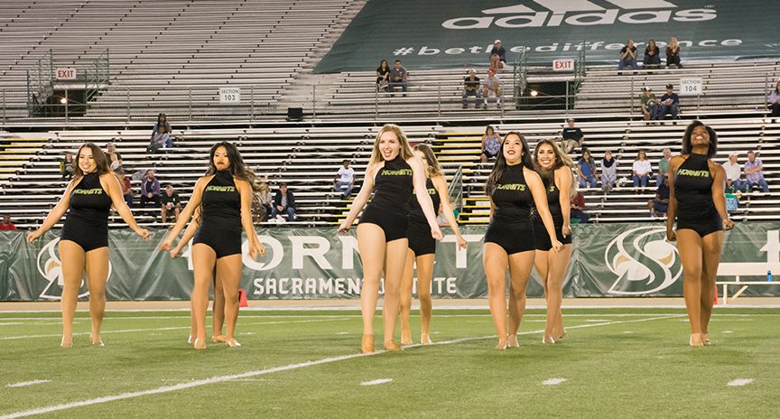 Sacramento State Hornet dance team performs during halftime at Hornet Stadium on Oct. 8. (Photo by Matthew Dyer)