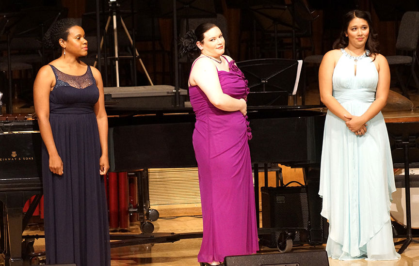 Sopranos Elise Savoy, Nicole James and Paige Kelly perform a song at at the MOSAIC: School of Music Gala Concert at Capistrano Hall, Sunday, Oct. 2.
(Photo by Marivel Guzman)