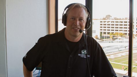 Preparing for the Homecoming Game, Steve McElroy considers his time as a sports broadcaster in the press box, Saturday, October 8th.