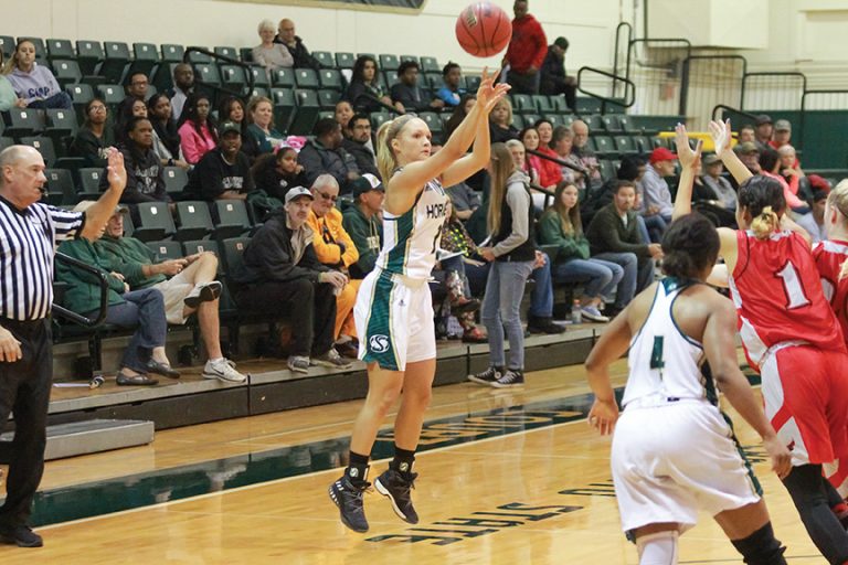 Sacramento State sophomore guard Raegen Rohn shoots a three pointer against Holy Names at the Hornets Nest on Sunday, Oct. 30. (Photo by Matthew Dyer)