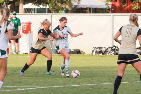 Junior forward Kayla Collins fights off an Idaho defender at Hornet Field on Friday, Oct 7. (Photo by Matthew Dyer)