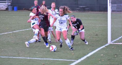 Sacramento State sophomore midfielder Caitlin Prothe takes the ball away from Montana junior forward Ashlee Pedersen near the goal on Sept. 30, 2016 at Hornet Field. (Photo by Rich Merrill)