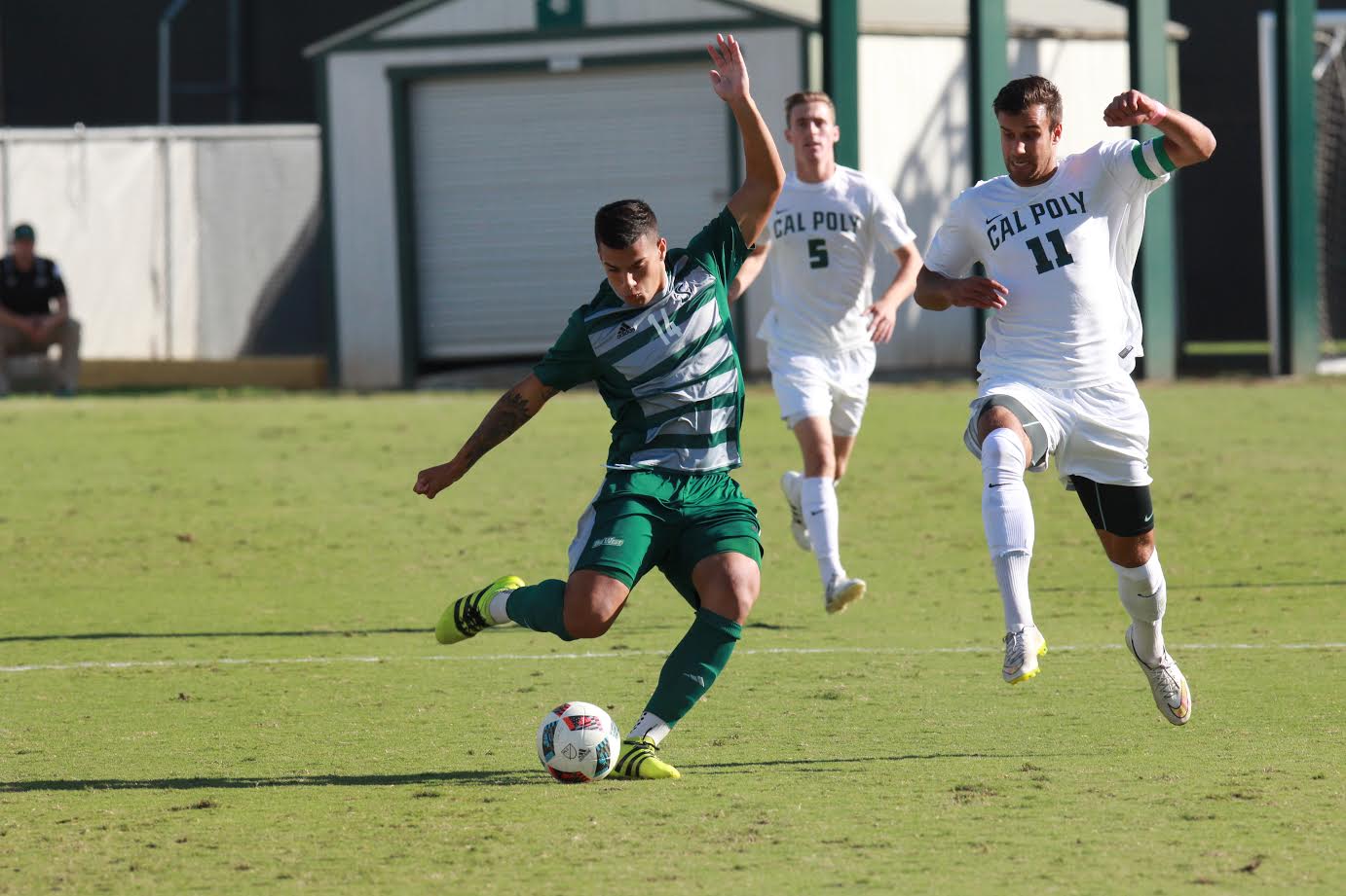 Sacramento State junior forward Cylus Sandoval prepares to pass the ball against Cal Poly at Hornet Field on Wednesday, Oct. 19. (Photo by Matthew Dyer)