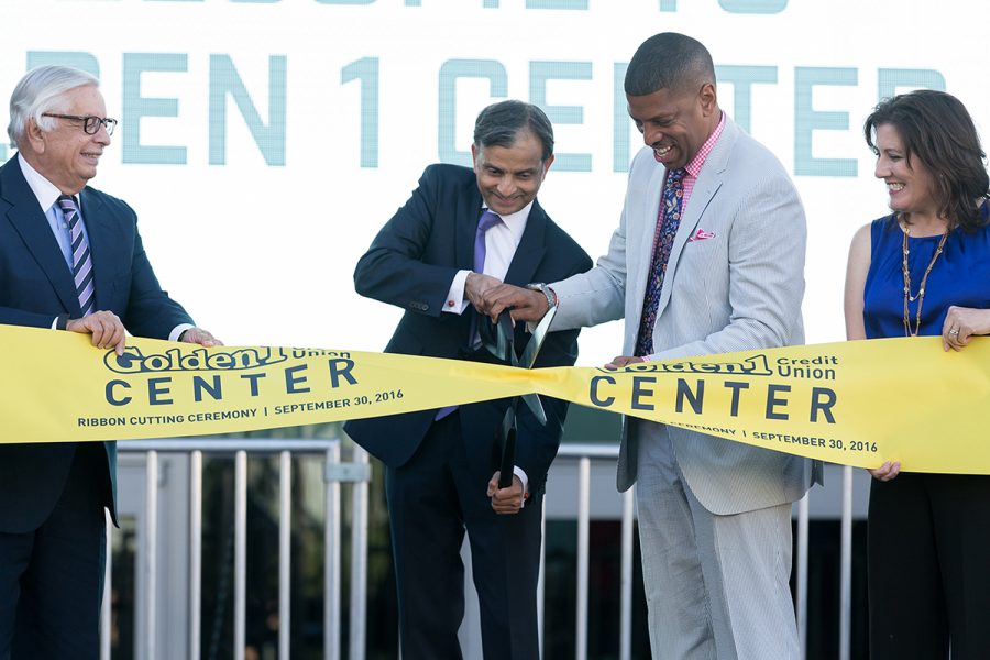 From left, former NBA Commissioner David Stern, Sacramento Kings owner Vivek Ranadive and Sacramento Mayor Kevin Johnson cut the ribbon at the Golden 1 Center on Friday. (Photo by Francisco Medina)