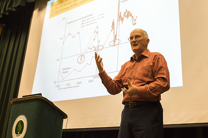 Professor Peter Lindert of UC Davis discusses income inequality in America in the Redwood Suite of the University Union on Oct. 31. (Photo by Michael Zhang)