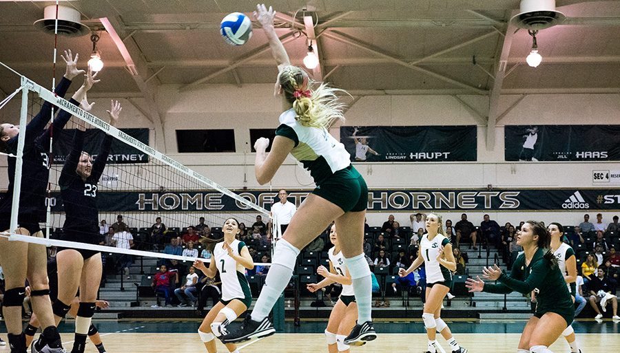 Sacramento State outside hitter Shannon Boyle spikes the ball against Portland State Nov. 5, 2016 at Colberg Court.