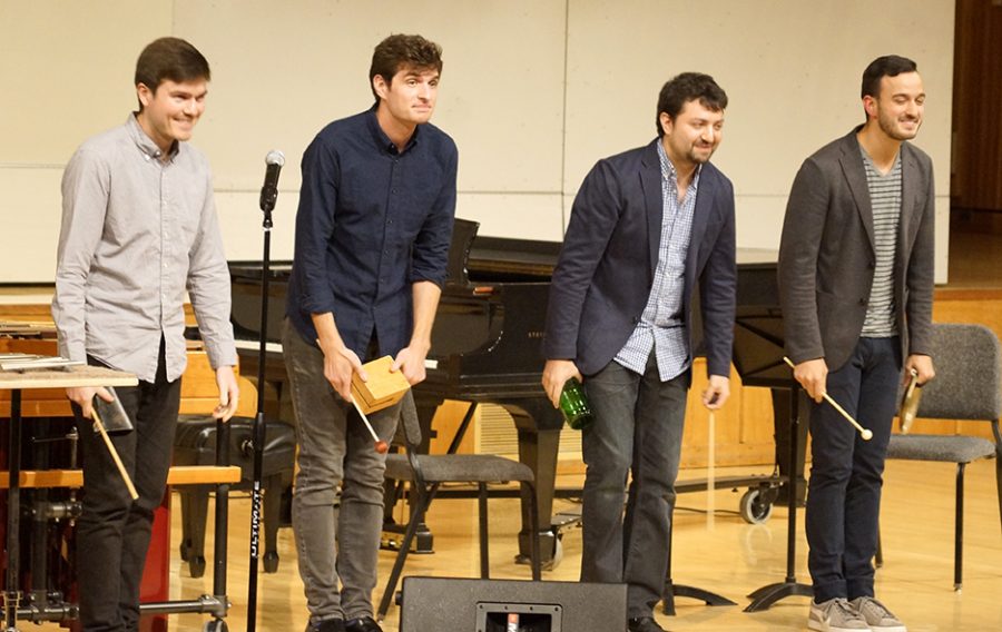 (Left to right) Jonny Allen, Terry Sweeney, Ian Rosenbaum and Victor Caccese take a bow at the end of their performance at the opening gala concert for the 39th annual Festival of New American Music in Capistrano Hall on Friday, Nov. 5.
(Photo by Marivel Guzman)