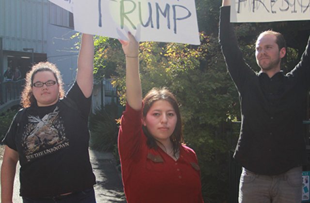 Sac State student Mariana Gonzalez, center, protests the election of Donald J. Trump as president of the United States in the Library Quad on Wednesday, Nov. 9, 2016.