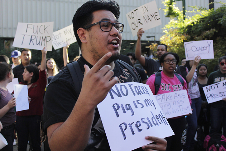 Students argue during a protest in the Library Quad following the election of Donald J. Trump on Nov. 9, 2016.