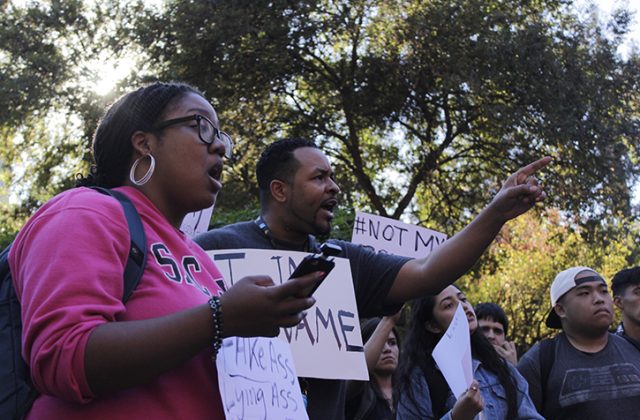 Students argue during a protest in the Library Quad following the election of Donald J. Trump on Nov. 9, 2016.