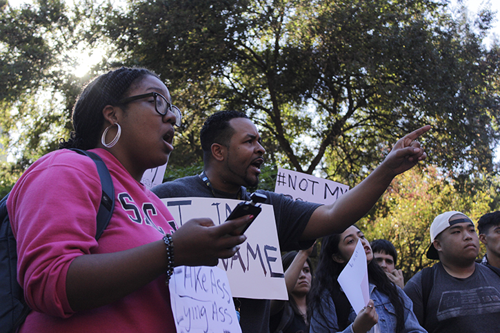 Students argue during a protest in the Library Quad following the election of Donald J. Trump on Nov. 9, 2016. (Photo by Barbara Harvey)