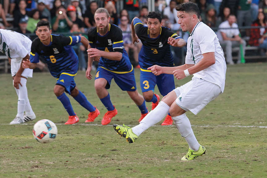 Sacramento State senior forward Ivan Ramirez scores the game-winning penalty kick against UC Riverside at Hornet Field on Nov. 5. The Big West Tournament victory was the first for Sac State in program history. (Photo by Matthew Dyer)