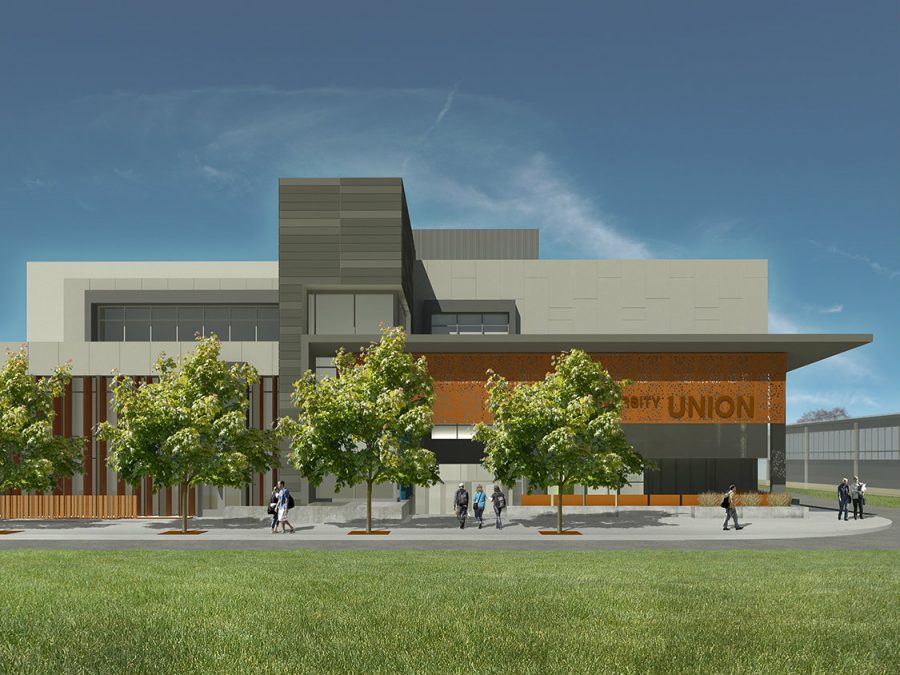 An artists rendering shows what the University Union is expected to look like when construction is completed in August 2018. Several university facilities are going to be moved when the project begins in January. (Rendering courtesy of Union WELL, Inc.)