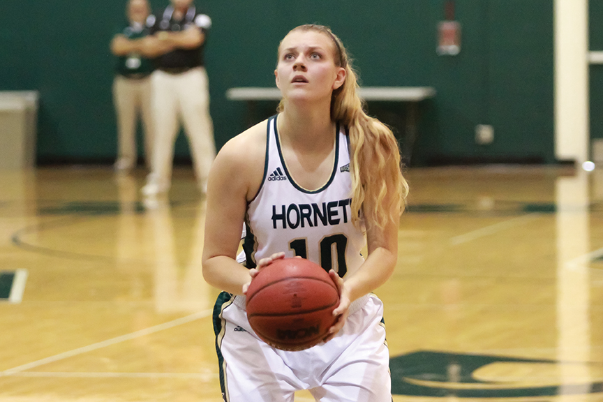 Sacramento State senior forward Margaret Huntington attempts a free throw against Holy Names at the Nest on Oct. 30. (Photo by Matthew Dyer)