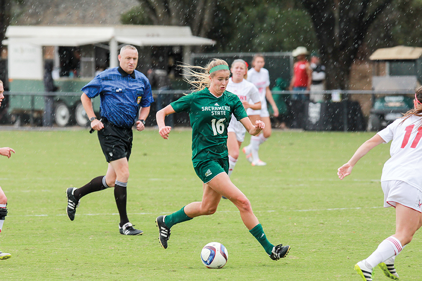 Sacramento State senior forward Kassidy Kellogg looks to get past Laci Rennaker of Eastern Washington at Hornet Field on Oct. 2. (Photo by Matthew Dyer)