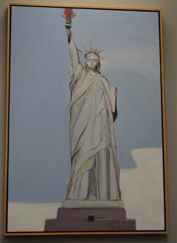 Gregory Kondos artwork, "Lady Liberty," currently hangs in the University Library. (Photo by Edrian Pamintuan)