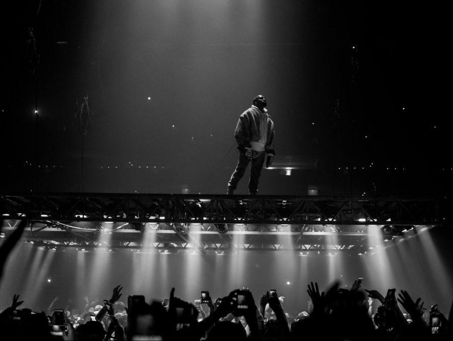 Kanye West performs on the hovering platform at his concert in Boston  on Sept. 9, 2016. (Photo by Kenny Sun / Flickr)