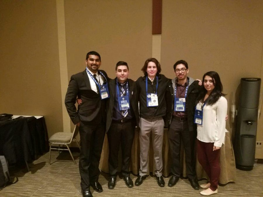 From left to right, Jashmit Singh, German Ortega, Augustine Orozco, Jesus Lopez Reynosa and Vanessa Cruz won $10,000 at a hackathon put on by the Society of Hispanic Professional Engineers at its national conference last month. (Photo courtesy of Augustine Orozco)
