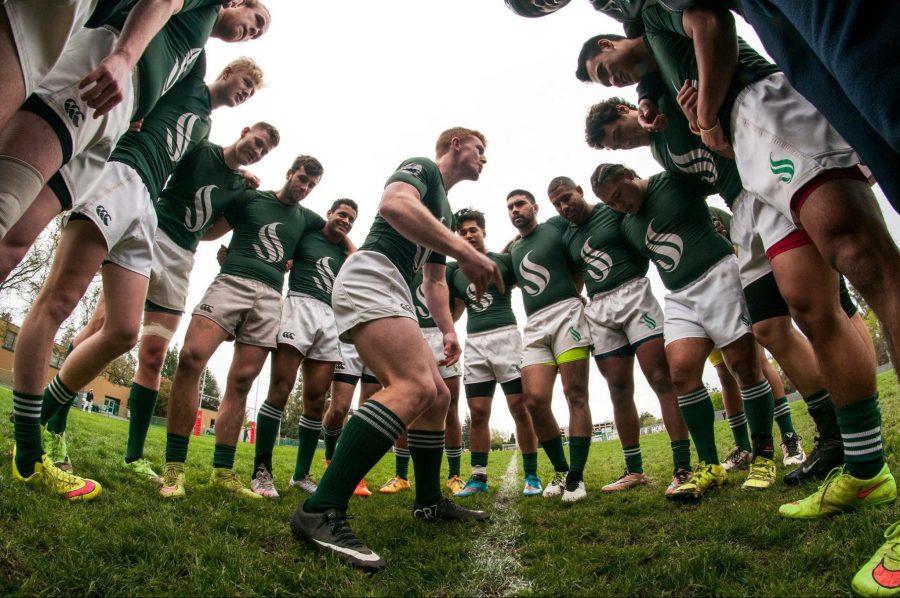 Sacramento State mens rugby club captain and senior Nick Weeder motivates his teammates before a match. (Photo Courtesy of Sac State Sport Clubs)