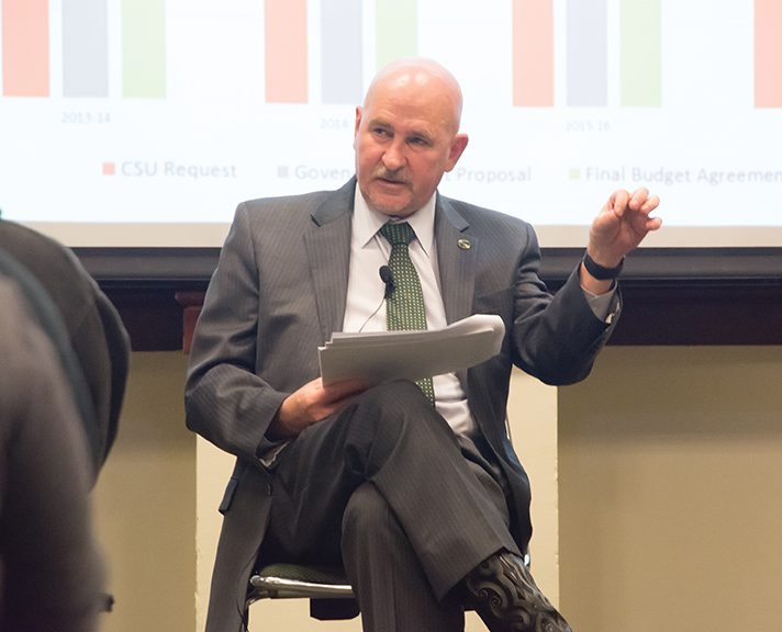 Sacramento State President Robert S. Nelsen speaks at a public forum about the potential tuition increase for the CSU system in the Orchard Suite at the University Union on Monday, Dec. 5. (Photo by Matthew Dyer)
