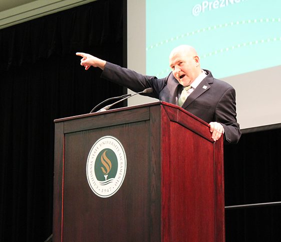 President Robert Nelsen delivered his spring address on Thursday morning, Jan. 19, at the University Union Ballroom. “This is the year of us, the year of the Hornets and the year of Sac State,” said Nelsen. (Photo by Sami Soto)