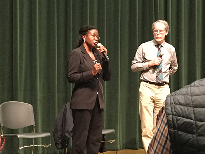 Dr.+Olivia+Kasirye+speaks+to+attendees+at+a+forum+featuring+her+and+fellow+physician+Dr.+Stephen+McCurdy+about+the+health+concerns+of+ingesting+lead+from+water+on+Thursday%2C+Jan.+26+in+the+University+Union.+%28Photo+by+Samantha+Leonard%29