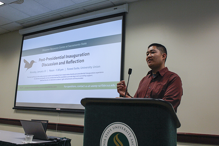 Marcus Tang, an attorney with the California Rural Legal Assistance Foundation, speaks in Sacramento State’s University Union on Monday, Jan. 23. Tang said that it is unclear if President Trump will end the Deferred Action for Childhood Arrivals (DACA) program begun by former President Obama. (Photo by John Ferrannini)