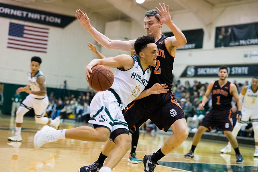 Sacramento State senior guard Marcus Graves drives in for a layup against Idaho State Feb. 11 at the Nest.  Graves will miss the entire 2017-18 season after having back surgery on his herniated disc. 