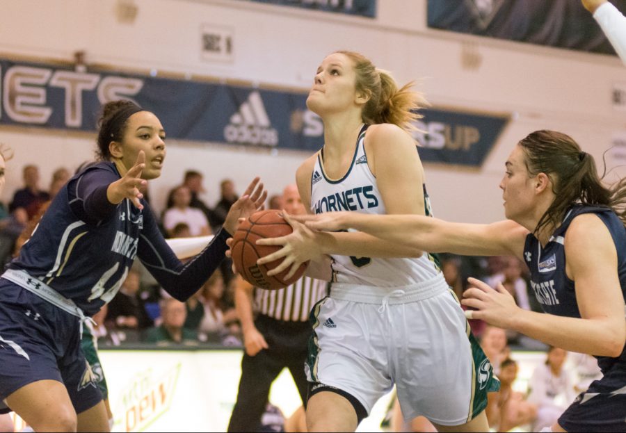 Sacramento State freshman forward Kennedy Nicholas attempts a layup against Montana State Saturday at the Nest. (Photo by Matthew Dyer)