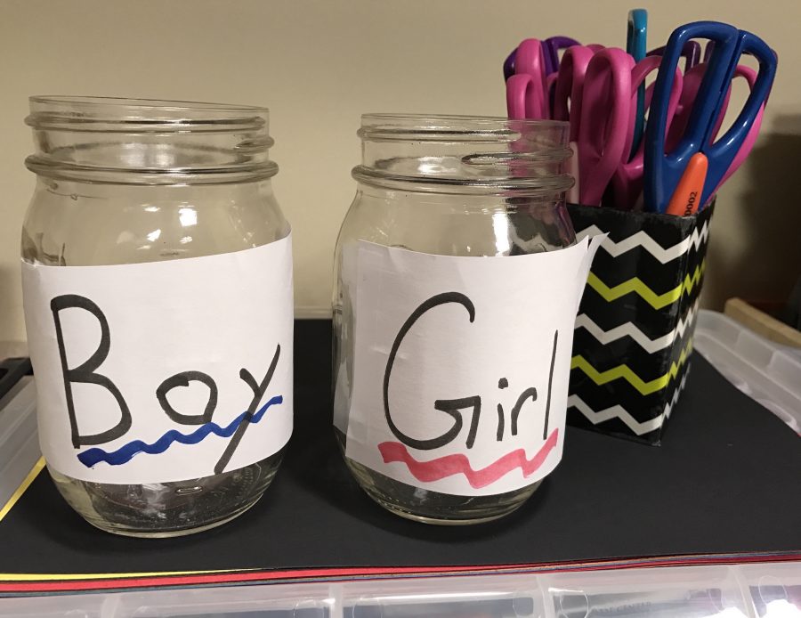 Two jars were marked boy and girl to allow attendees to decide which jar to put images like cars, makeup and superheroes in.
(Photo by Sharlene Phou)