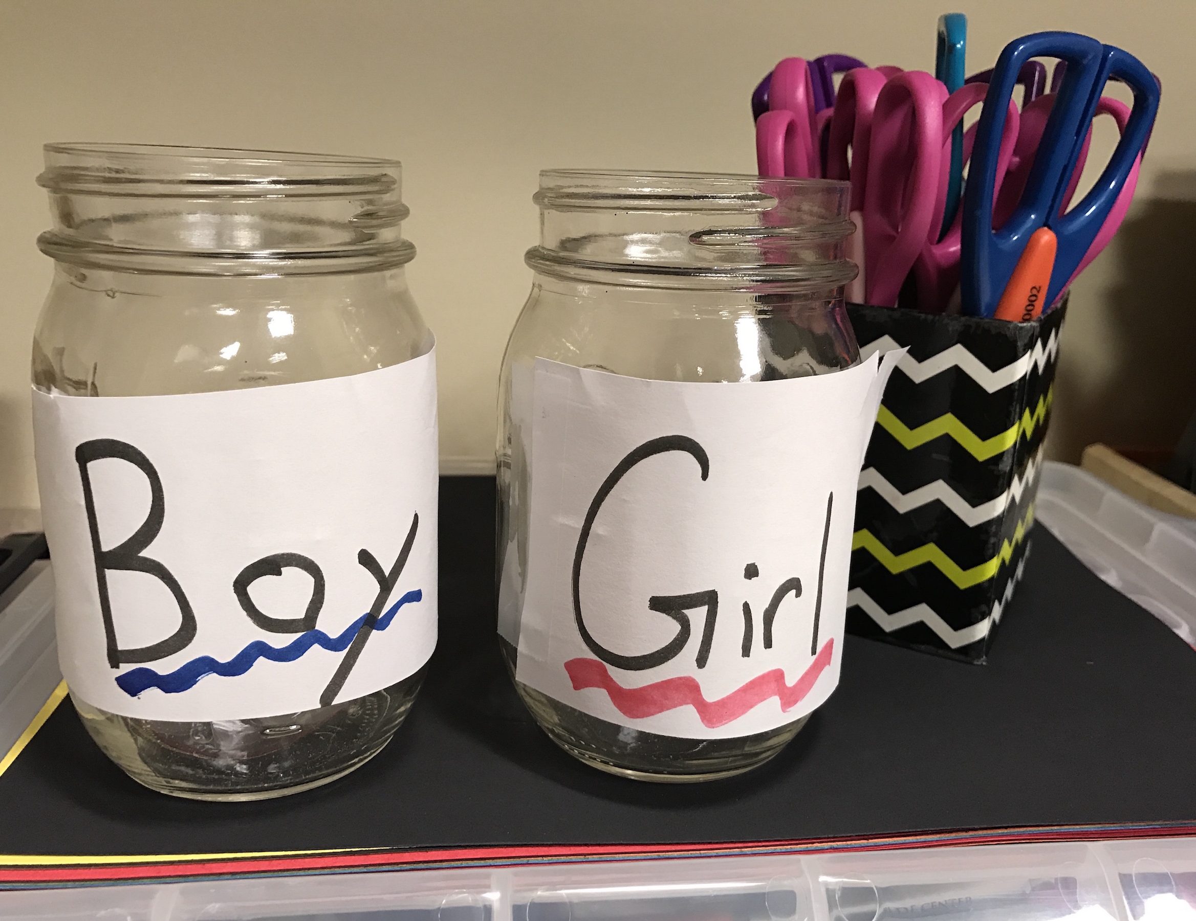 Two jars were marked boy and girl to allow attendees to decide which jar to put images like cars, makeup and superheroes in.
(Photo by Sharlene Phou)
