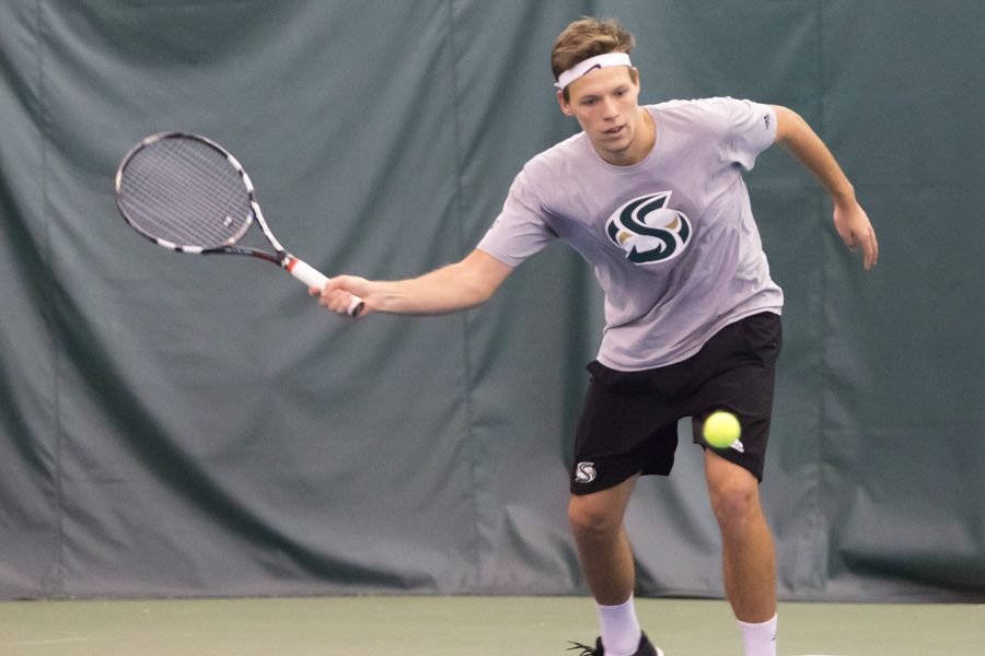 Sacramento State sophomore Mikus Losbergs earned second team all-Big Sky Conference selection as a true freshman in 2016. Losbergs played for the Latvian national team and ranked in the top 300 in International Tennis Federation. (Photo by Matthew Dyer)