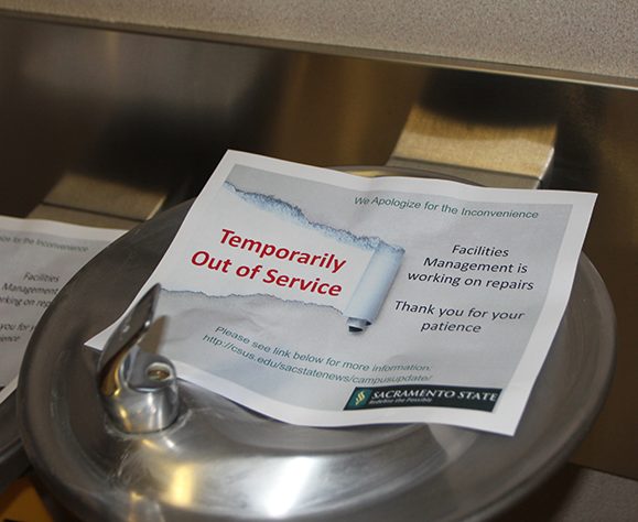 Water fountains in Placer Hall, as well as six other Sacramento State buildings, are currently shut off after a research project over winter break found excess levels of lead. '90 percent' of water sources were tested, but there is no indication of when the rest will be tested. (Photo by Kameron Schmid)