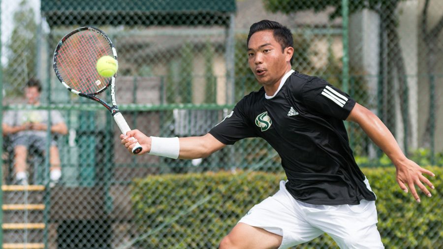 Sacramento State freshman Hermont Legaspi forehands the ball during a doubles match against Yale Sunday at Rio Del Oro Racquet Club. (Photo by Matthew Dyer)