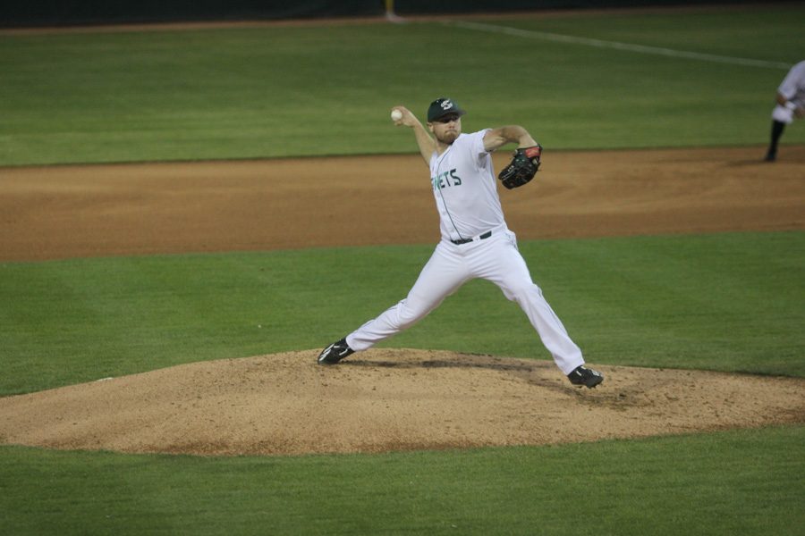 Sacramento State senior pitcher Justin Dillon throws the ball to home plate against Penn State Thursday at John Smith Field. (Photo by Myha Sandeford)