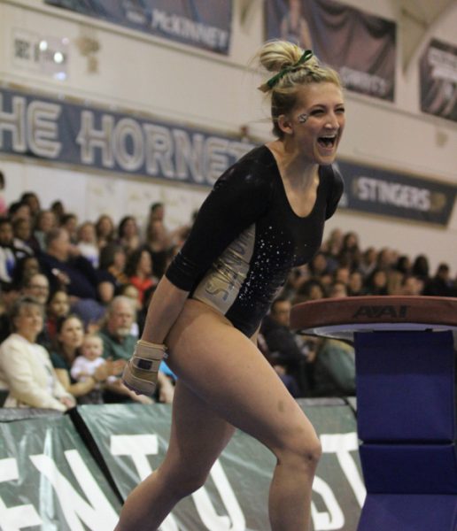 Sacramento State junior Caitlin Soliwoda celebrates after vaulting against UC Davis and Seattle Pacific Saturday at the Nest. (Photo by Myha Sanderford)