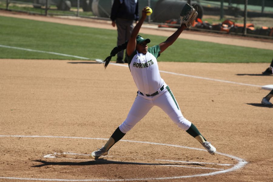 Sacramento State junior Celina Matthias pitchs the ball to home plate against Idaho State Friday at Shea Stadium. (Photo by Myha Sanderford)