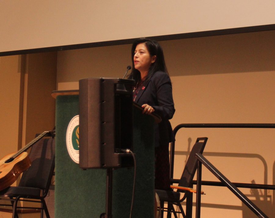 Keynote speaker Christine Chavez, granddaughter of Cesar Chavez, speaks at the Cesar Chavez Legacy Luncheon that was dedicated to civil rights activists on Wednesday in the University Union Ballroom. (Photo by Raul Hernandez)
