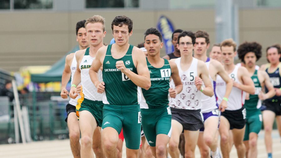 Sacramento State junior Sammy Scheuer leads the pack in the 1,500 meter race in the Hornet Invitational Saturday at Hornet Stadium. (Photo by Andre Newell)