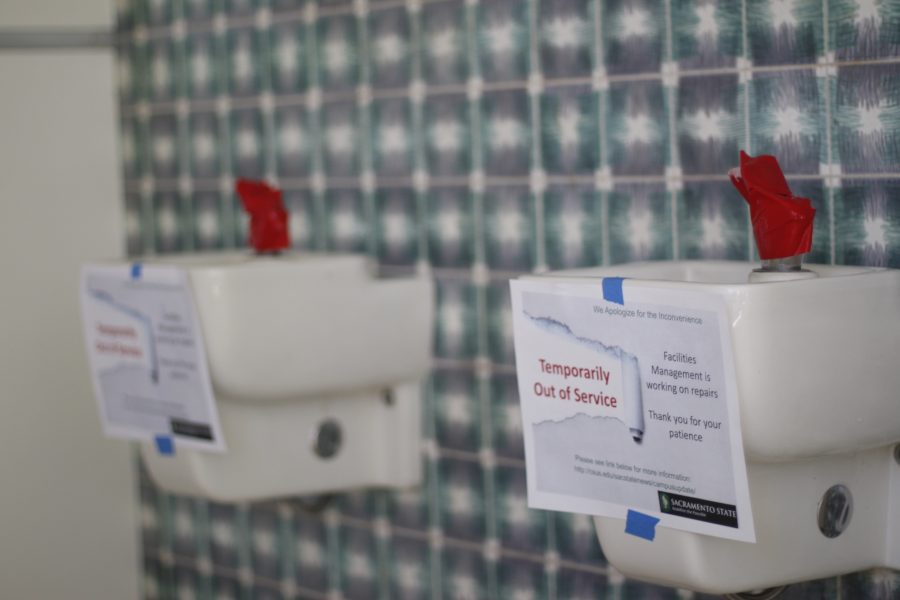 Fountains in Douglass Hall are shut off on Tuesday, March 28. Drinking water sources across campus are being periodically shut off while workers test them, as an 8-18 hour period of inactivity is needed in order to get a 'first-draw' sample. (Photo by John Ferrannini)