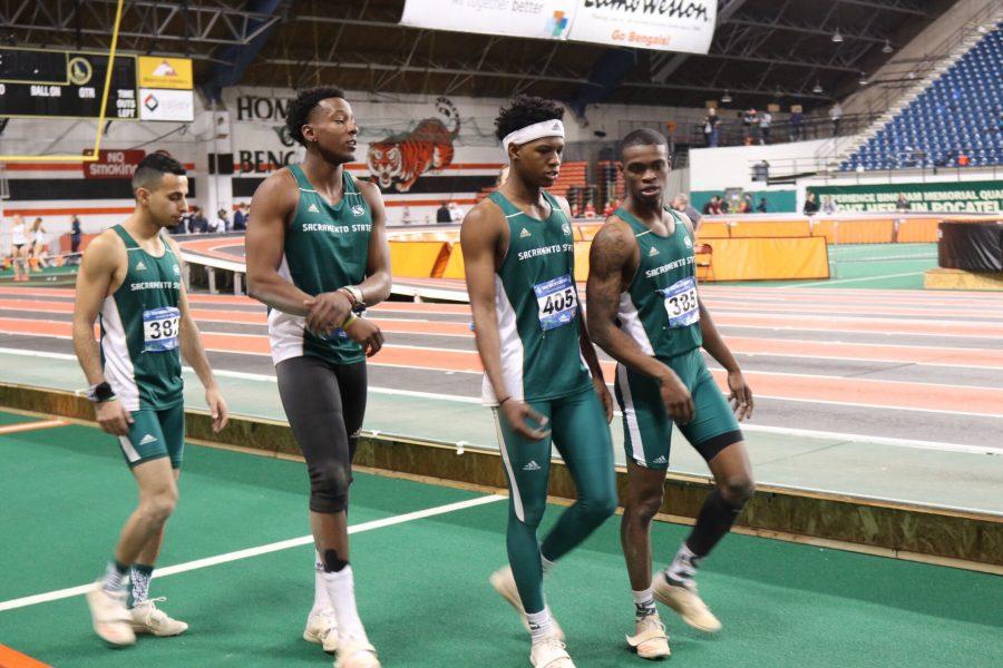 The Sacramento State mens triple-jump team, left to right, Mohamed Abdullah, Gathunga Ndirangu, Jah Strange and Darius Armstead ended the indoor track and field season ranked No. 4 in the country with an average of 14.78 meters. (Photo courtesy of Sacramento State track and field team)