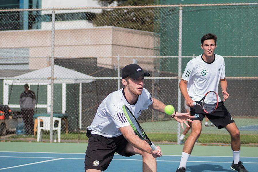 Sacramento State mens tennis doubles partners Christopher Clayton, left, and Louis Chabut, right, compete against Northern Colorado during the Golden State Invite Friday at the Sac State tennis courts. (Photo by Matthew Nobert)