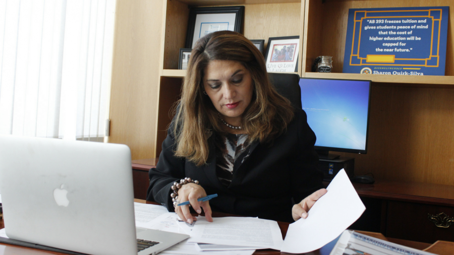 Assemblywoman Sharon Quirk-Silva, D-Fullerton, pictured in her office in the California State Capitol in Sacramento on April 19. Quirk-Silva introduced Assembly Bill 393, which would freeze tuition at all three systems of higher education in the state through the 2019-2020 academic year. (Photo by John Ferrannini)