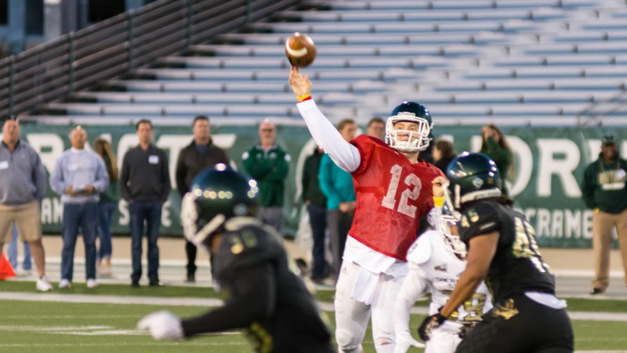 Sacramento State junior transfer quarterback Wyatt Clapper throws the ball for a touchdown during the May 12 spring football scrimmage at Hornet Stadium. (Photo by Matthew Dyer)