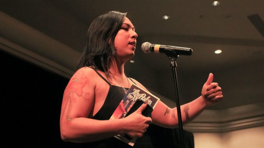 Transgender poet, activist Jade Phoenix Martinez performs in the University Union Ballroom on April 6. (Photo by Ricardo Coronado)