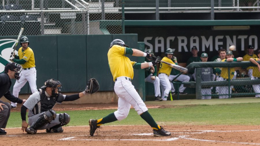 Sacramento State sophomore James Outman swings and makes contact against Grand Canyon Friday at John Smith Field. (Photo by Max Jacobs)